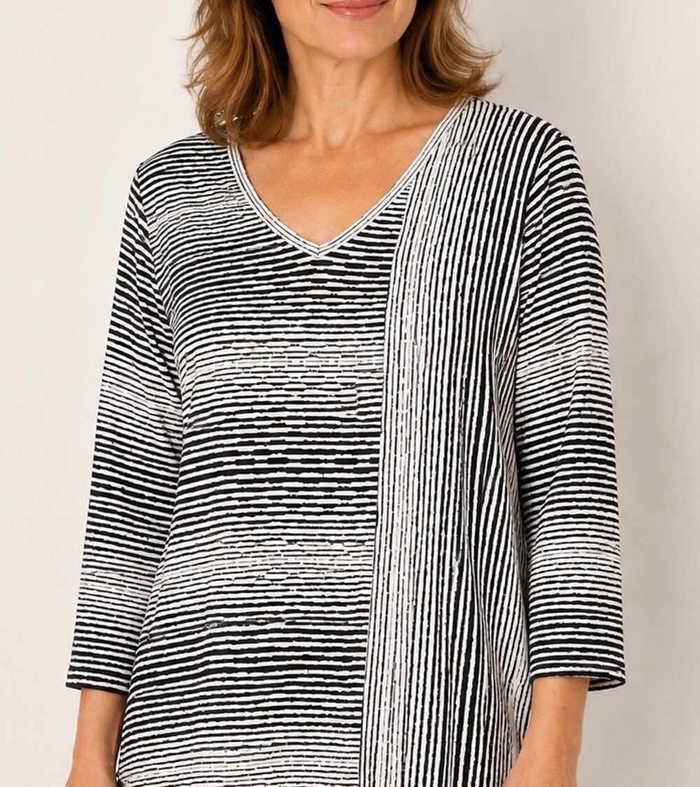 Habitat Clothes Medium V Neck Top Black Striped Knit Long Sleeve Asymmetrical